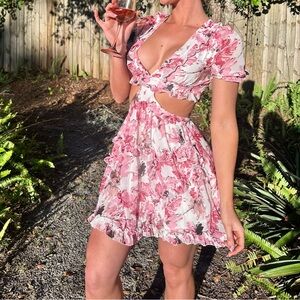 Puffy sleeve cutout pink floral mini dress